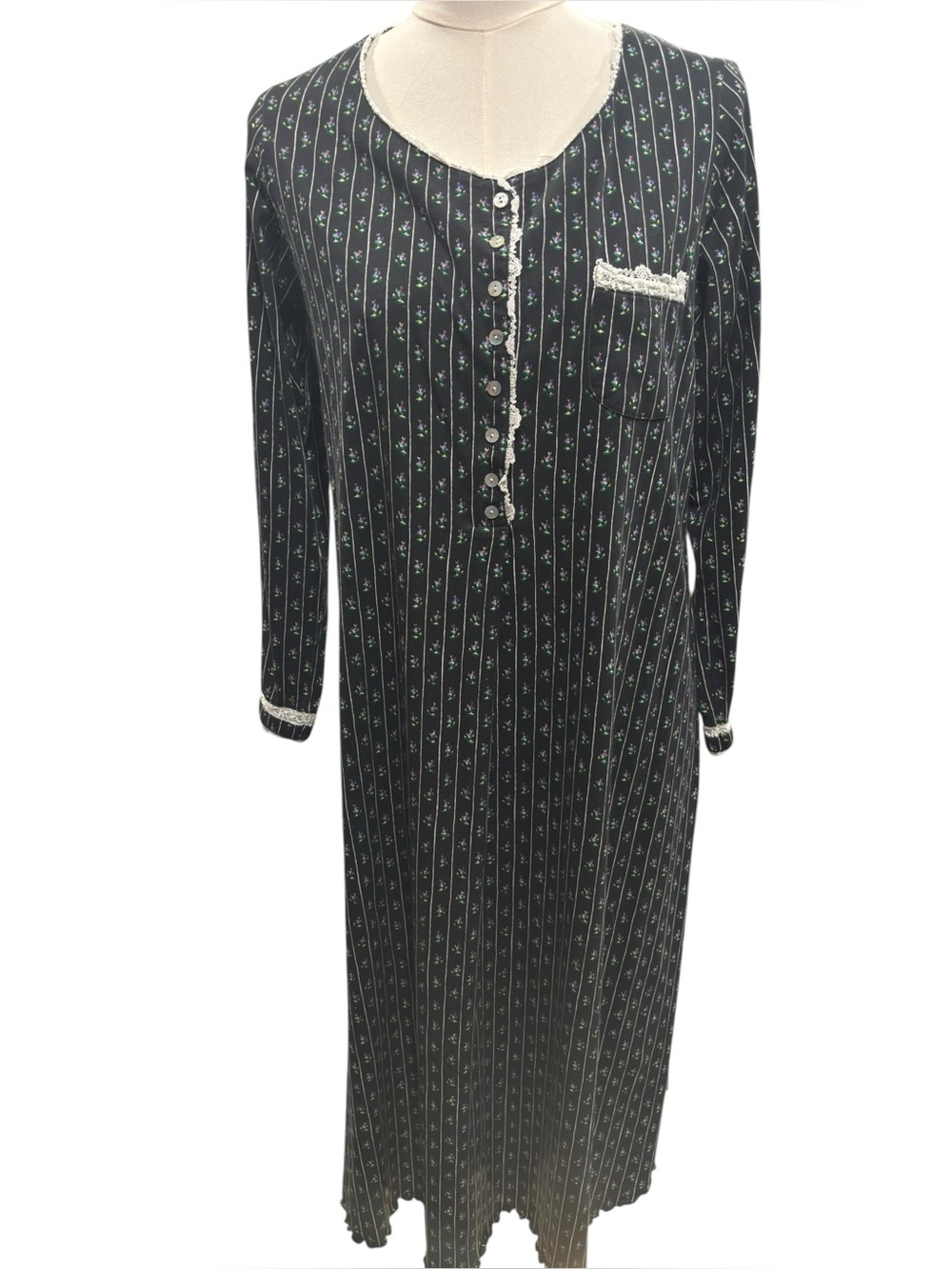 Vintage Eileen West Prairie Nightgown Medium Black Floral Maxi Sleep Dress